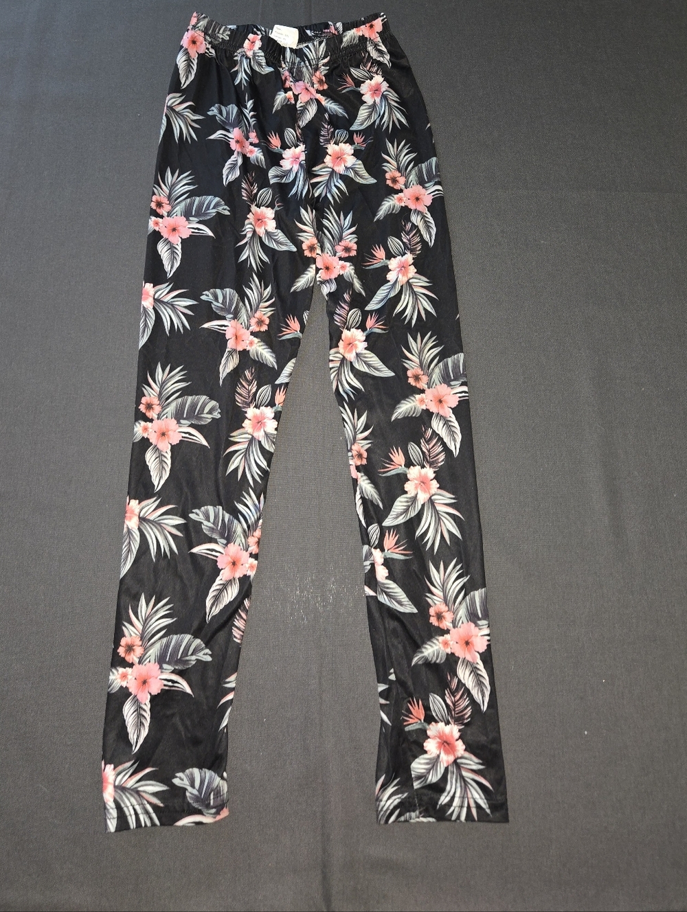 SHEIN Black Pants with Pink Hibiscus and Sage Leaf Print